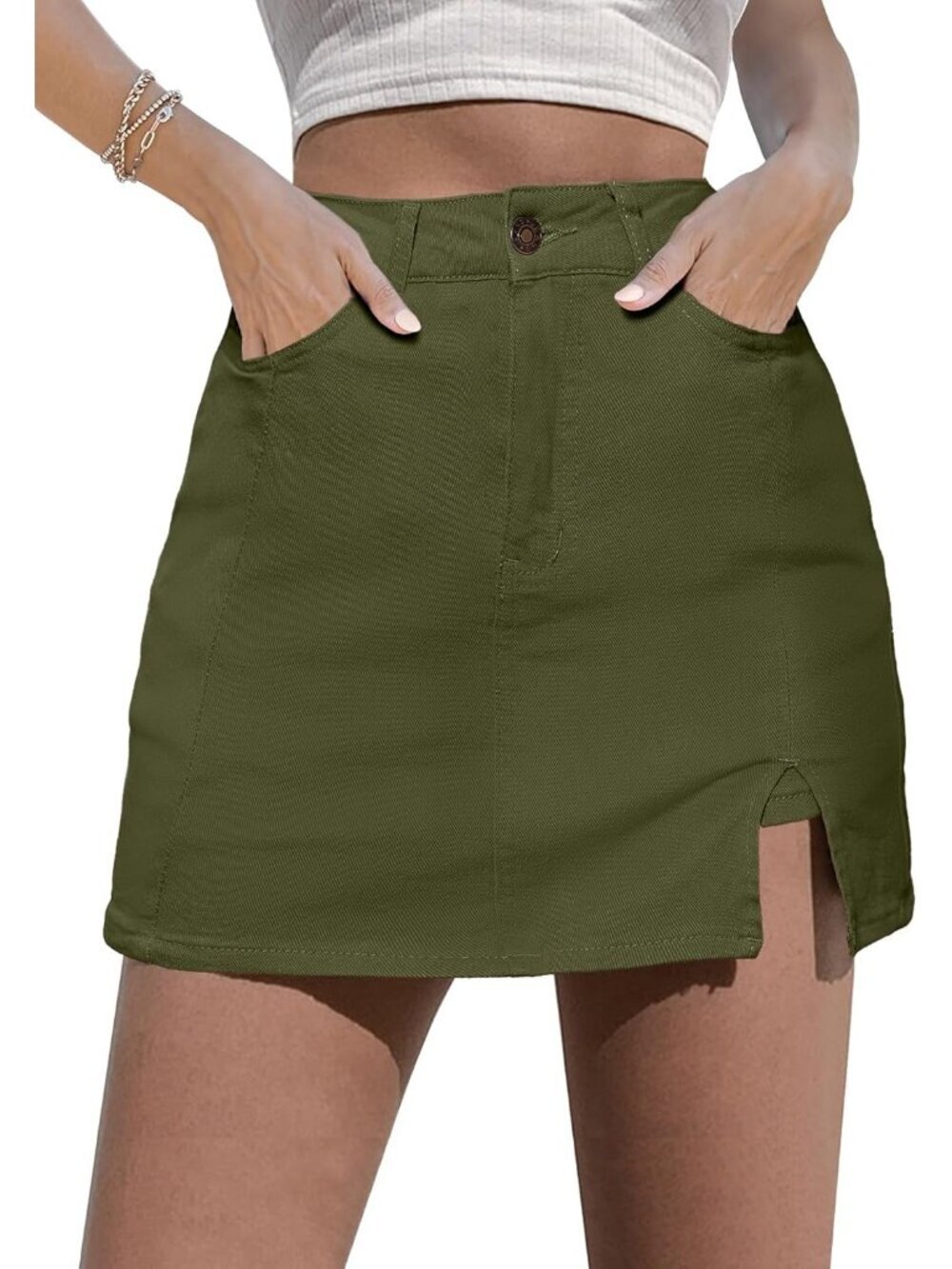 Women's Olive Green High Waisted Stretchy Denim Mini Skirt Side Slit Jean Skirts